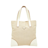 プラダ 三角ロゴプレート トートバッグ ハンドバッグ ベージュ アイボリー キャンバス レザー レディース PRADA 【中古】